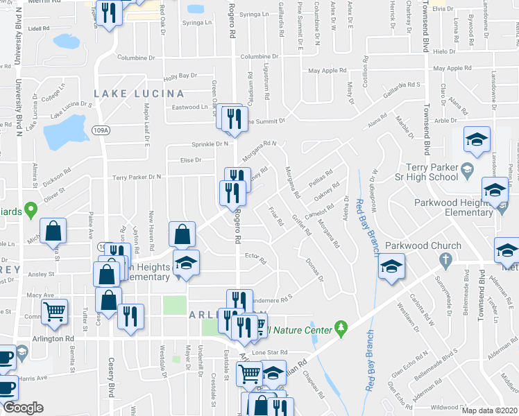 map of restaurants, bars, coffee shops, grocery stores, and more near 6802 King Arthur Road in Jacksonville