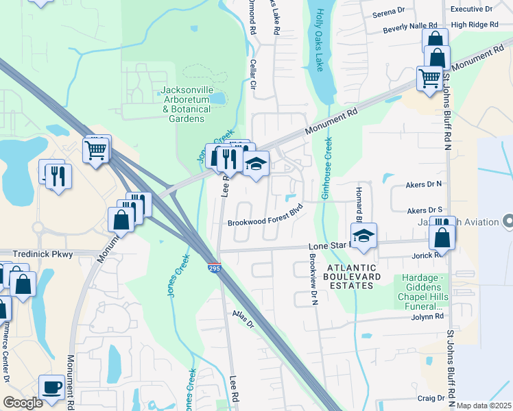 map of restaurants, bars, coffee shops, grocery stores, and more near 1195 Romaine Circle East in Jacksonville