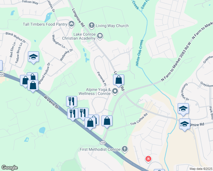 map of restaurants, bars, coffee shops, grocery stores, and more near Faldo Drive in Conroe