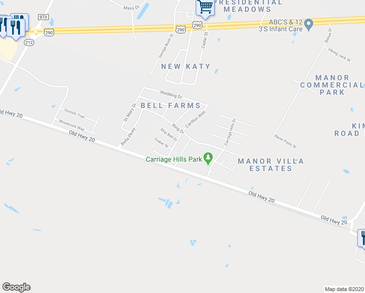 map of restaurants, bars, coffee shops, grocery stores, and more near 12708 Casting Drive in Manor