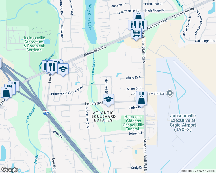 map of restaurants, bars, coffee shops, grocery stores, and more near 1171 Homard Boulevard East in Jacksonville
