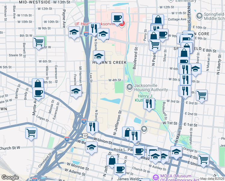 map of restaurants, bars, coffee shops, grocery stores, and more near 630 West 4th Street in Jacksonville