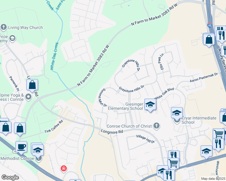 map of restaurants, bars, coffee shops, grocery stores, and more near 2117 Summit Mist Drive in Conroe