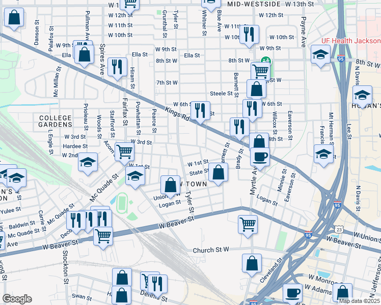 map of restaurants, bars, coffee shops, grocery stores, and more near 1527 West 2nd Street in Jacksonville