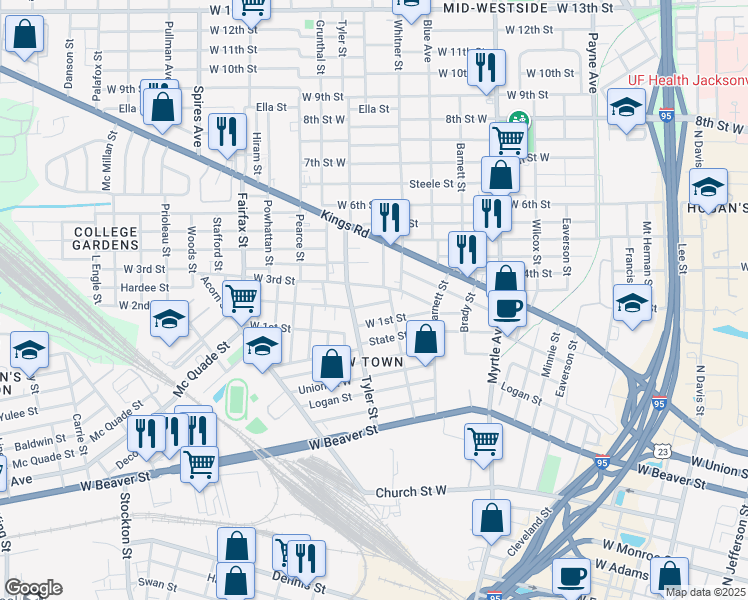 map of restaurants, bars, coffee shops, grocery stores, and more near 1521 West 2nd Street in Jacksonville
