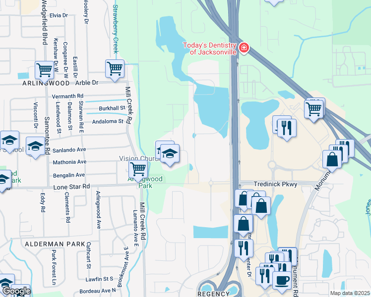 map of restaurants, bars, coffee shops, grocery stores, and more near 1607 Garden Grove Court in Jacksonville