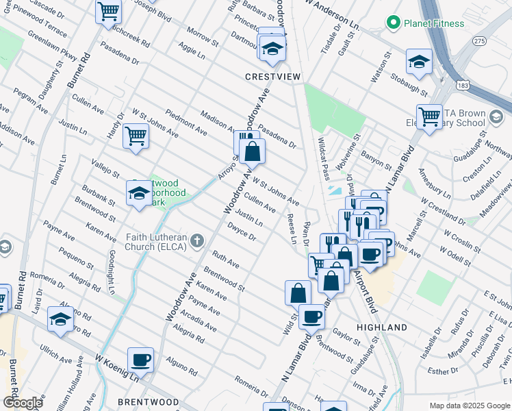 map of restaurants, bars, coffee shops, grocery stores, and more near 1303 Cullen Avenue in Austin