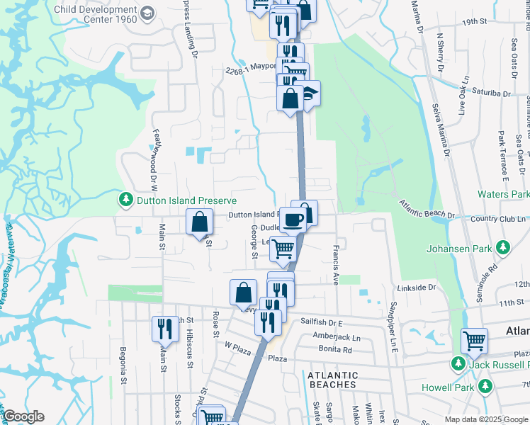 map of restaurants, bars, coffee shops, grocery stores, and more near 29 Dutton Island Road West in Jacksonville