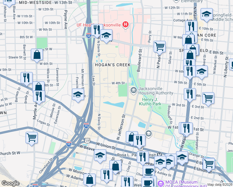 map of restaurants, bars, coffee shops, grocery stores, and more near 630 West 4th Street in Jacksonville