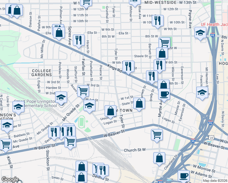 map of restaurants, bars, coffee shops, grocery stores, and more near 1625 West 2nd Street in Jacksonville