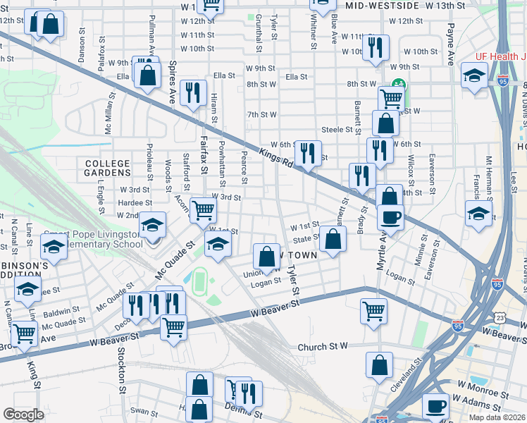map of restaurants, bars, coffee shops, grocery stores, and more near 1625 West 2nd Street in Jacksonville