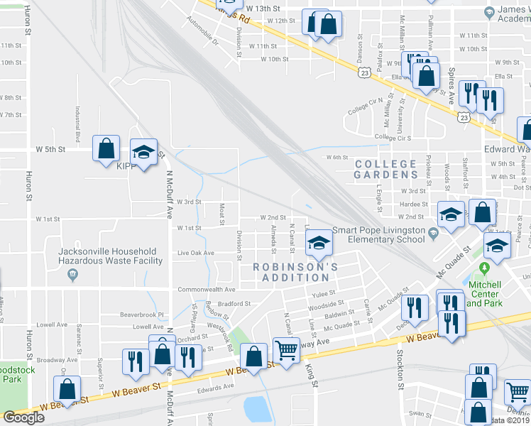 map of restaurants, bars, coffee shops, grocery stores, and more near 2249 West 2nd Street in Jacksonville