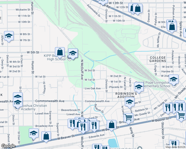 map of restaurants, bars, coffee shops, grocery stores, and more near 1126 Bertram Street in Jacksonville