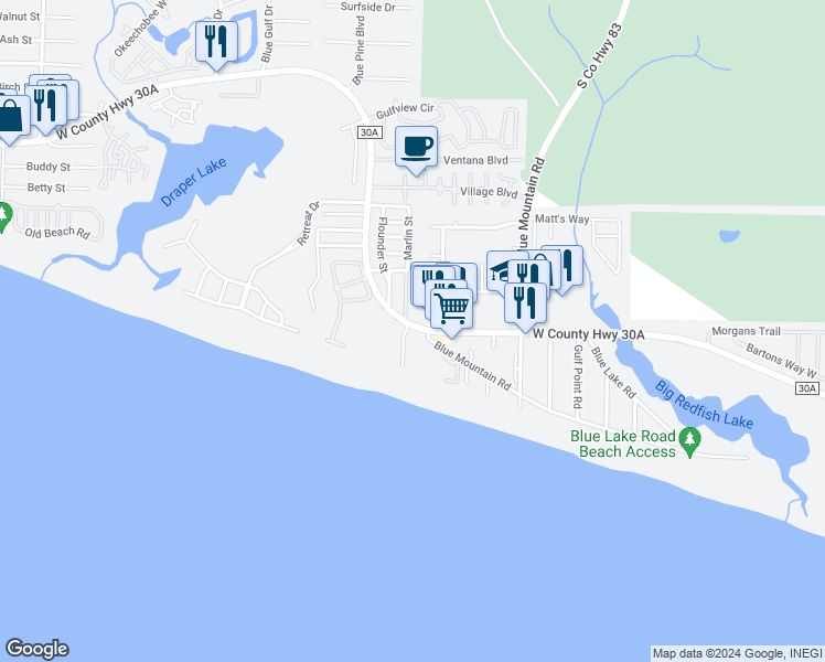 map of restaurants, bars, coffee shops, grocery stores, and more near 2381 West County Highway 30A in Santa Rosa Beach