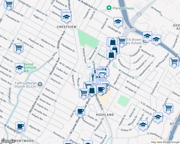 map of restaurants, bars, coffee shops, grocery stores, and more near 7211 Easy Wind Drive in Austin