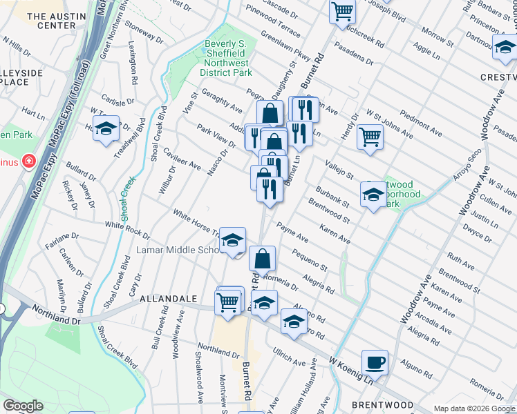 map of restaurants, bars, coffee shops, grocery stores, and more near 6444 Burnet Road in Austin
