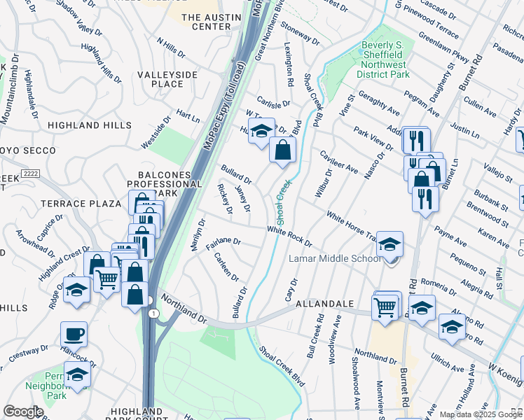 map of restaurants, bars, coffee shops, grocery stores, and more near 6106 Bullard Drive in Austin