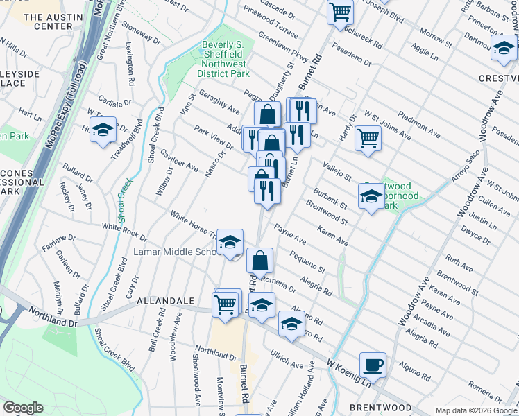 map of restaurants, bars, coffee shops, grocery stores, and more near 6515 Burnet Road in Austin