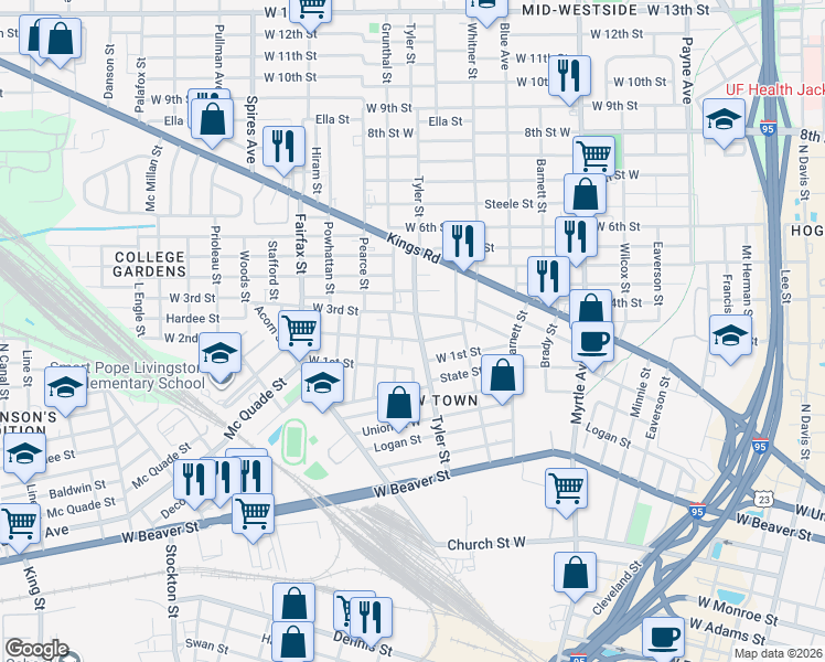 map of restaurants, bars, coffee shops, grocery stores, and more near 1625 West 2nd Street in Jacksonville