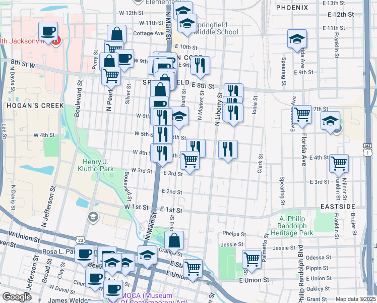 map of restaurants, bars, coffee shops, grocery stores, and more near 133 East 4th Street in Jacksonville