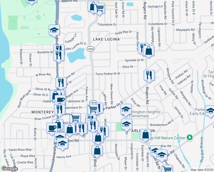 map of restaurants, bars, coffee shops, grocery stores, and more near 1904 Shelton Road in Jacksonville