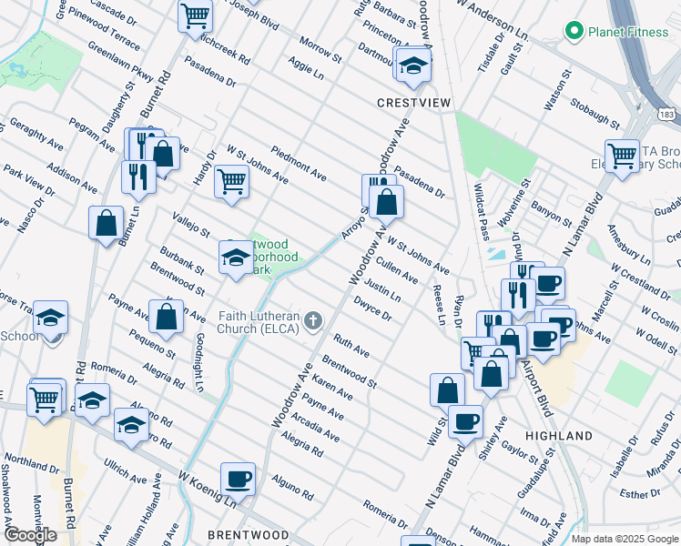 map of restaurants, bars, coffee shops, grocery stores, and more near 1407 Justin Lane in Austin