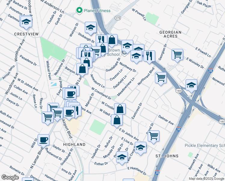 map of restaurants, bars, coffee shops, grocery stores, and more near 7509 Delafield Lane in Austin
