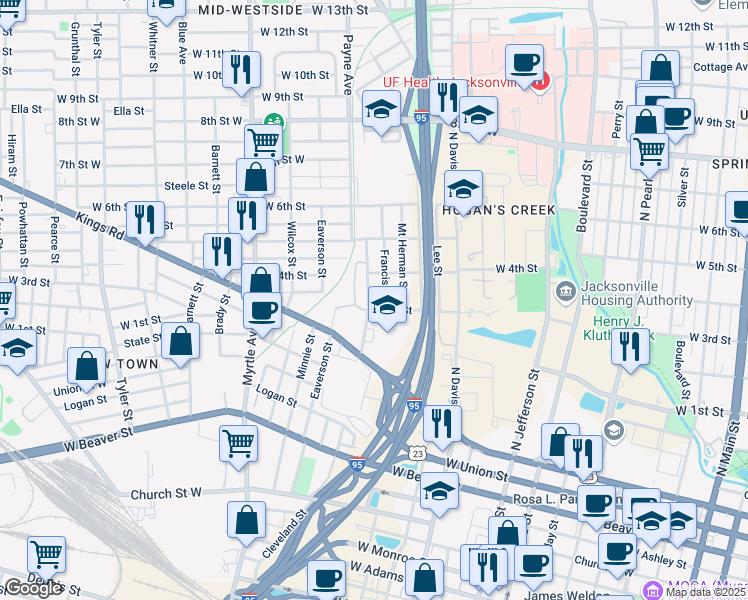 map of restaurants, bars, coffee shops, grocery stores, and more near 1311 Cleveland Street in Jacksonville