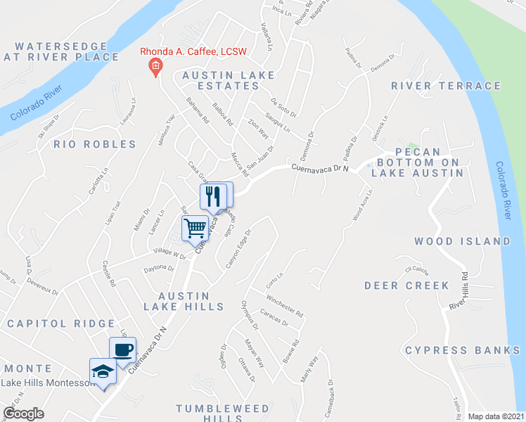 map of restaurants, bars, coffee shops, grocery stores, and more near 1908 Canyon Edge Drive in Austin