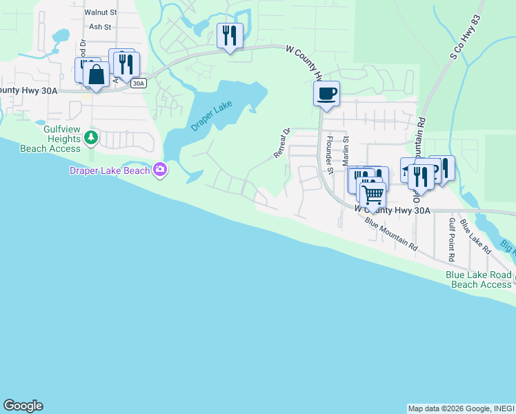 map of restaurants, bars, coffee shops, grocery stores, and more near 76 East Saint Lucia Lane in Santa Rosa Beach