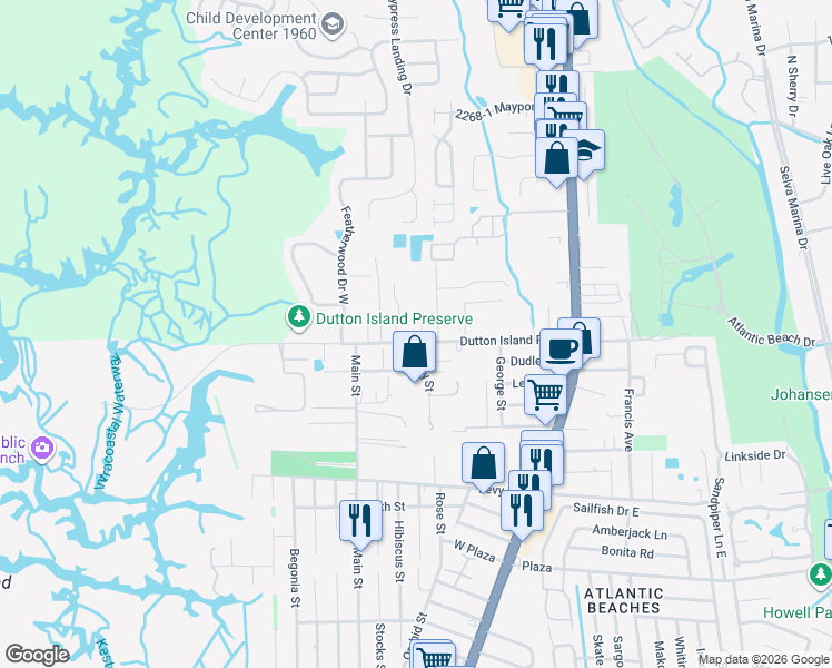 map of restaurants, bars, coffee shops, grocery stores, and more near 426 Dutton Island Road West in Jacksonville