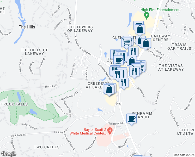 map of restaurants, bars, coffee shops, grocery stores, and more near 113 Outcrop View Lane in Austin