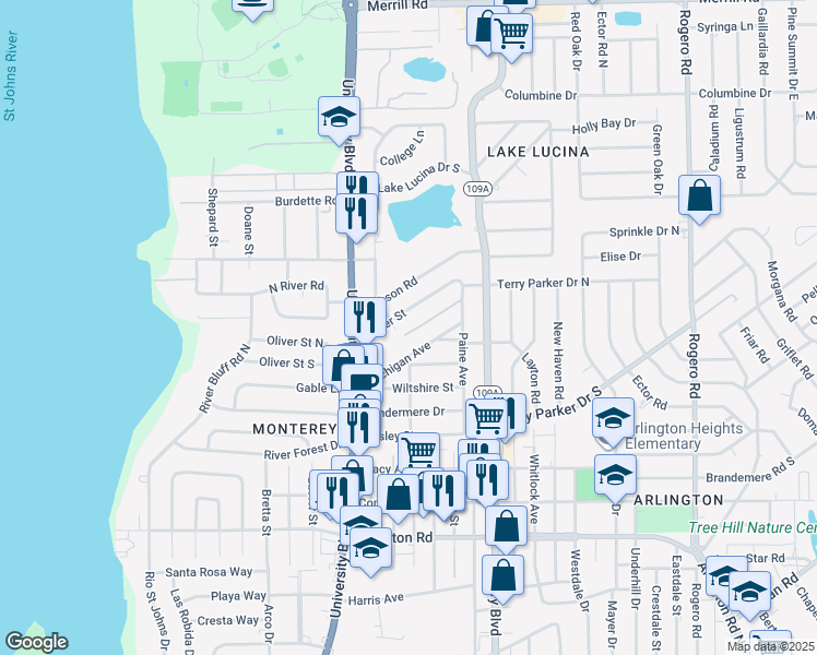 map of restaurants, bars, coffee shops, grocery stores, and more near 1950 Paine Avenue in Jacksonville
