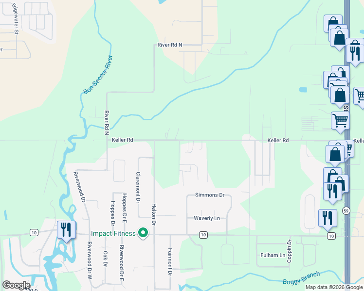 map of restaurants, bars, coffee shops, grocery stores, and more near 19130 Keller Road in Foley