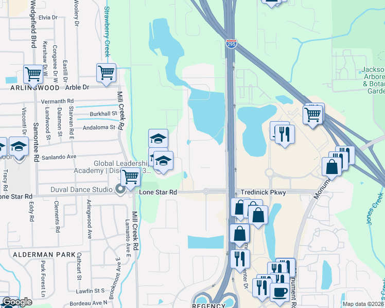 map of restaurants, bars, coffee shops, grocery stores, and more near 1603 Mathews Manor Drive in Jacksonville