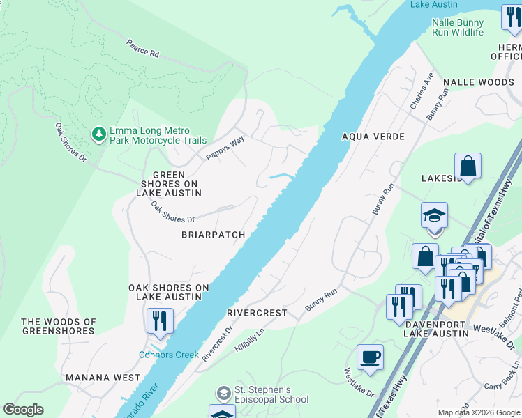 map of restaurants, bars, coffee shops, grocery stores, and more near 3607 Robbins Road in Austin