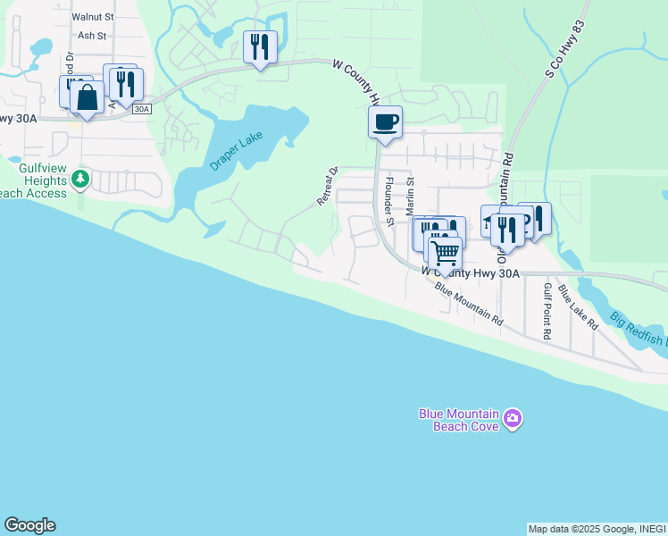 map of restaurants, bars, coffee shops, grocery stores, and more near 164 Blue Lupine Way in Santa Rosa Beach