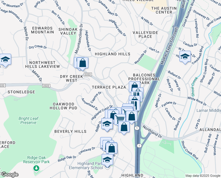 map of restaurants, bars, coffee shops, grocery stores, and more near 3556 Ranch Road 2222 in Austin