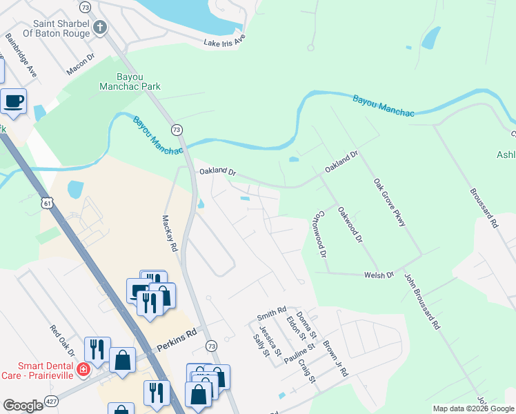 map of restaurants, bars, coffee shops, grocery stores, and more near 18304 Old Jefferson Highway in Prairieville
