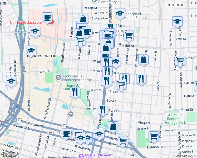 map of restaurants, bars, coffee shops, grocery stores, and more near 25 West 4th Street in Jacksonville