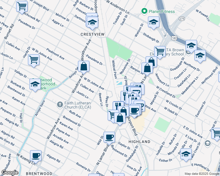 map of restaurants, bars, coffee shops, grocery stores, and more near 1000 West Saint Johns Avenue in Austin