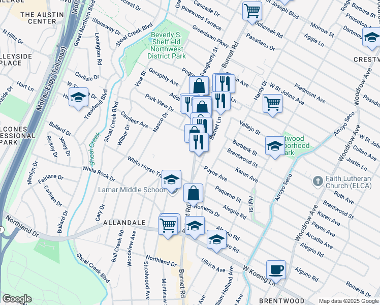 map of restaurants, bars, coffee shops, grocery stores, and more near 6444 Burnet Road in Austin