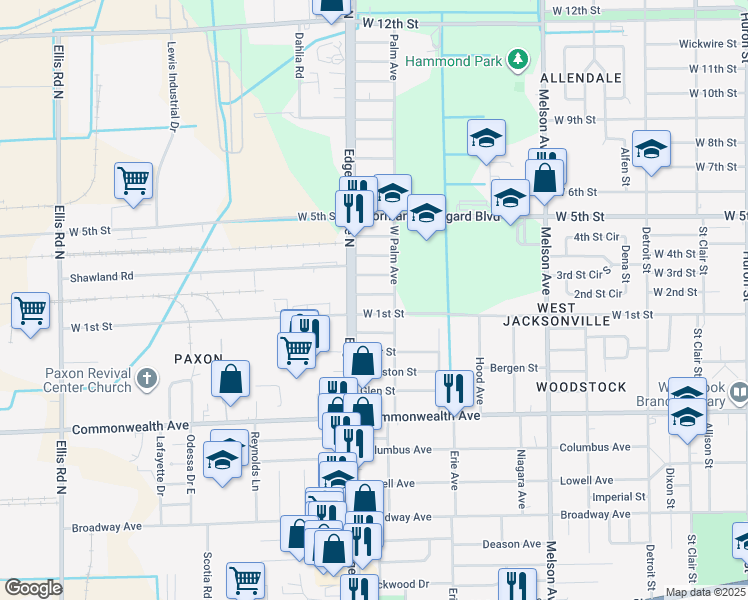 map of restaurants, bars, coffee shops, grocery stores, and more near 3530 Shadow Street in Jacksonville