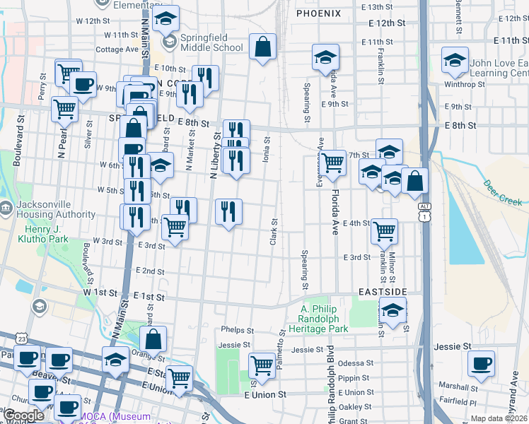 map of restaurants, bars, coffee shops, grocery stores, and more near 1429 Ionia Street in Jacksonville