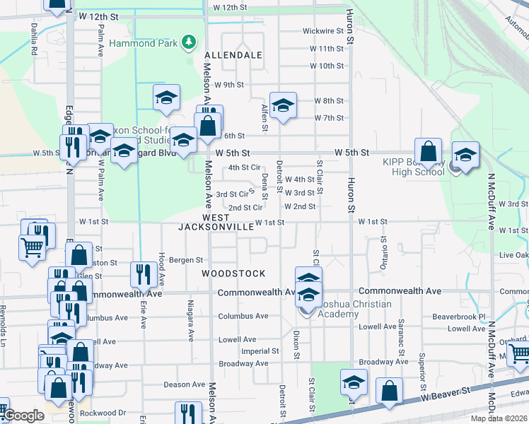 map of restaurants, bars, coffee shops, grocery stores, and more near 3053 West 1st Street in Jacksonville
