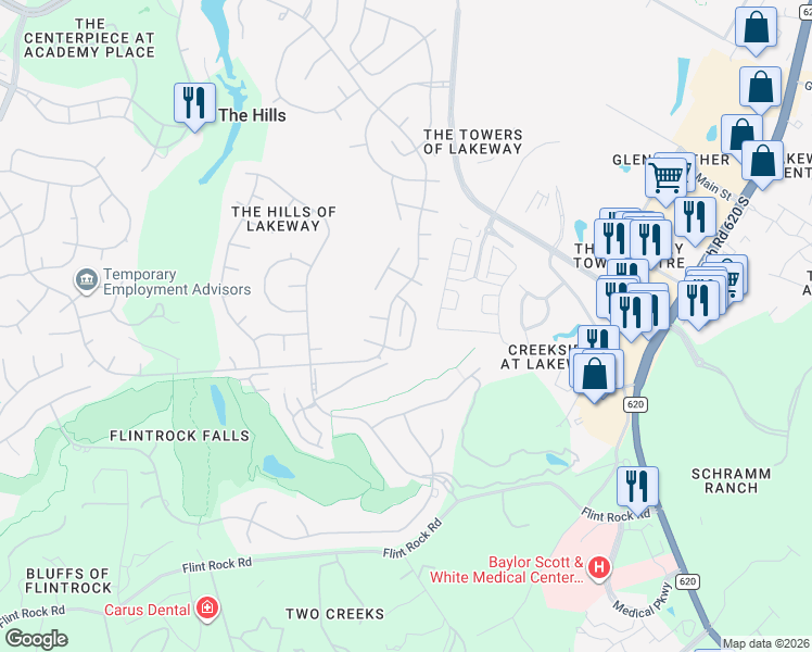 map of restaurants, bars, coffee shops, grocery stores, and more near 12 Hightrail Way in The Hills