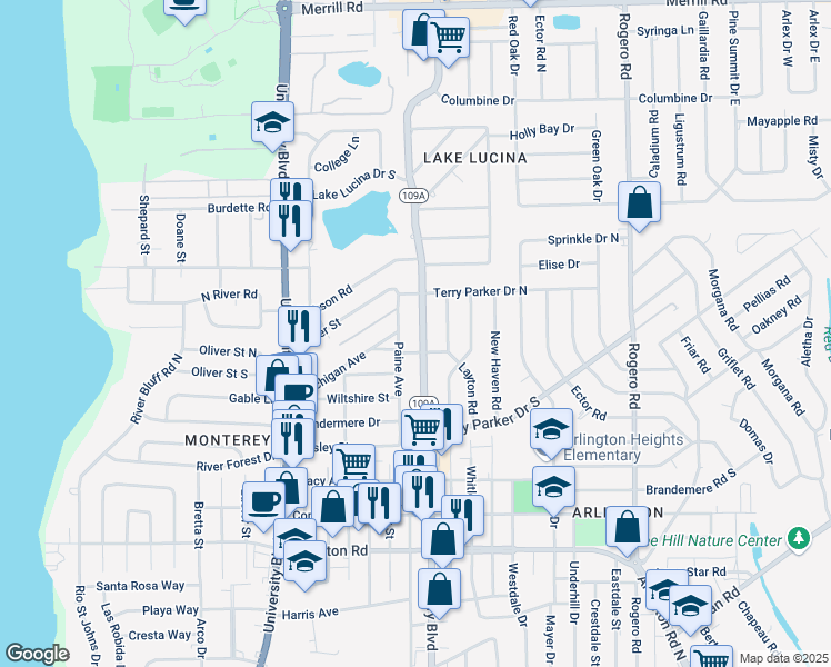 map of restaurants, bars, coffee shops, grocery stores, and more near 5947 Theed Street in Jacksonville