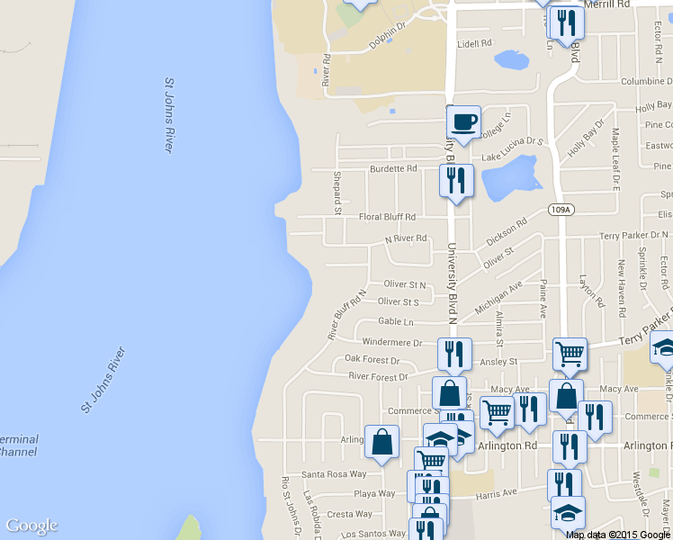 map of restaurants, bars, coffee shops, grocery stores, and more near 5166 River Bluff Lane in Jacksonville