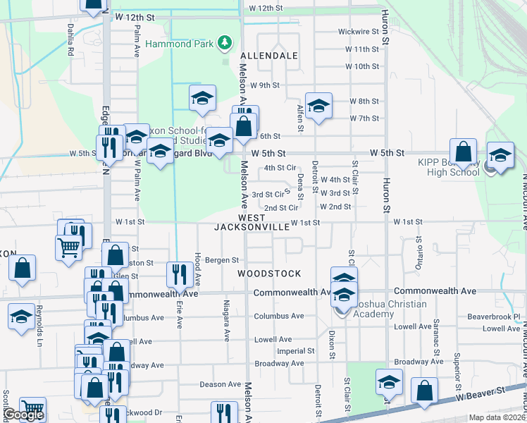 map of restaurants, bars, coffee shops, grocery stores, and more near 3117 West 1st Street in Jacksonville
