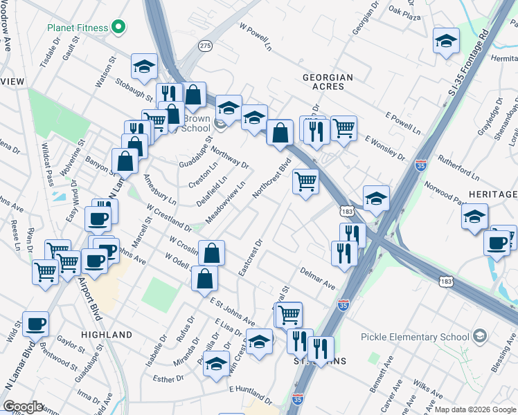 map of restaurants, bars, coffee shops, grocery stores, and more near 7609 Carriage Drive in Austin